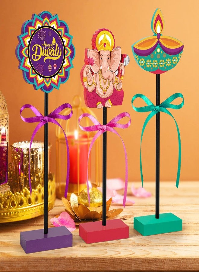 3 قطع من زينة طاولة عيد ديوالي السعيد، لافتات خشبية لمهرجان الأنوار الهندي لتزيين حفلات ديبافالي الهندوسية (ديوالي) - Image 2